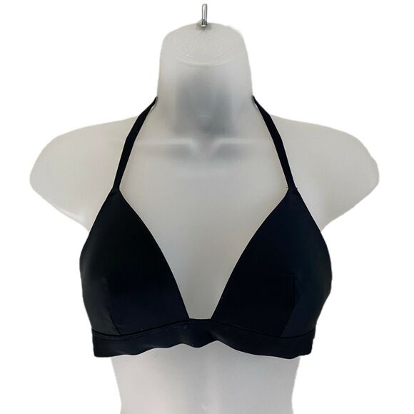 AERIE Small Bikini Top Black Solid Halter Vneck Triangle NWT AE - Picture 1 of 7